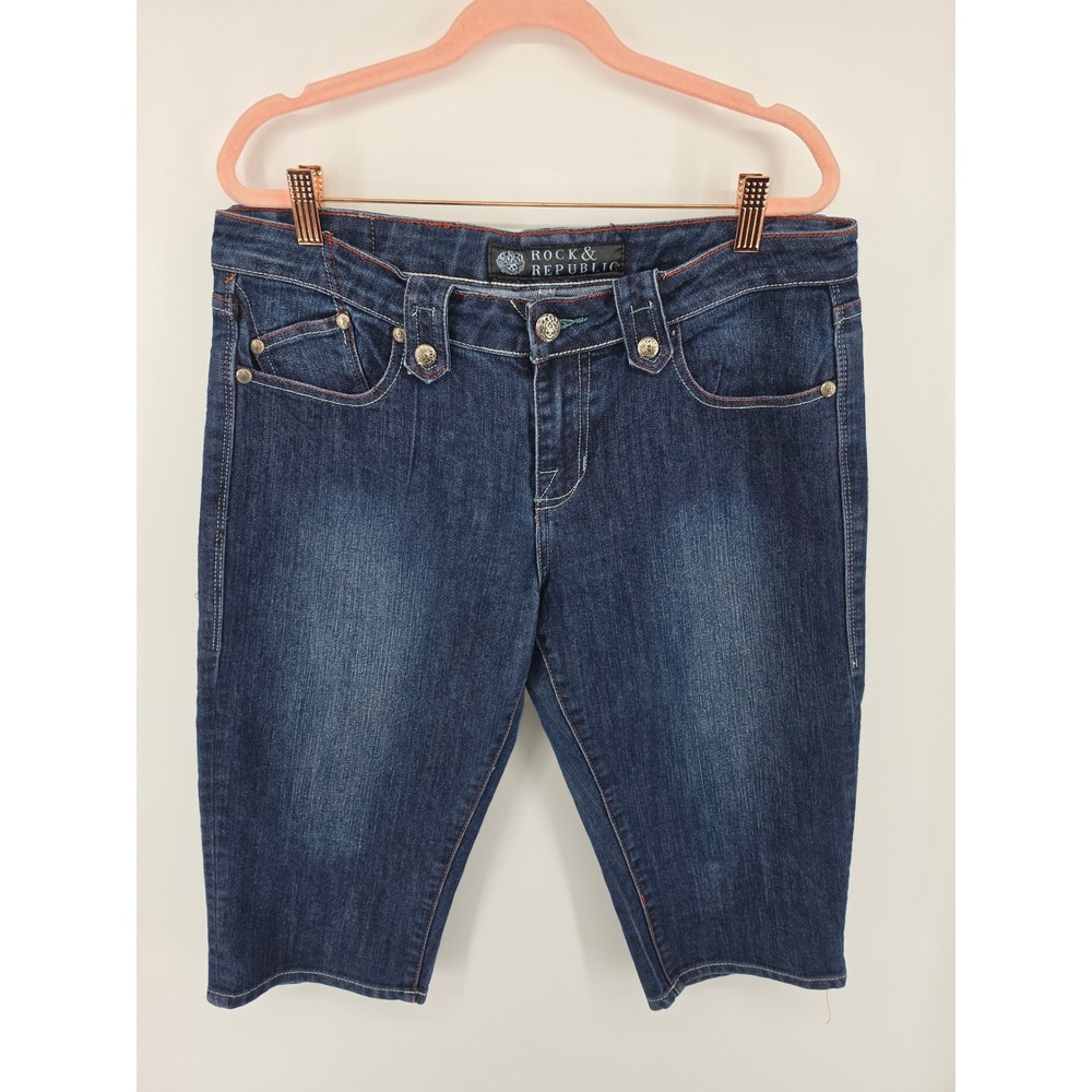 Rock & Republic Womens Denim Bermuda Shorts Dark Wash Embroidered Size 32